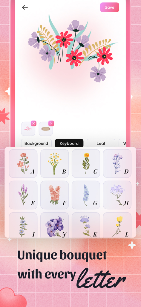 DIY Flower Language Keyboard - A mobile screen showing a flower keyboard where each letter from A to L is represented by a different floral illustration for bouquet creation