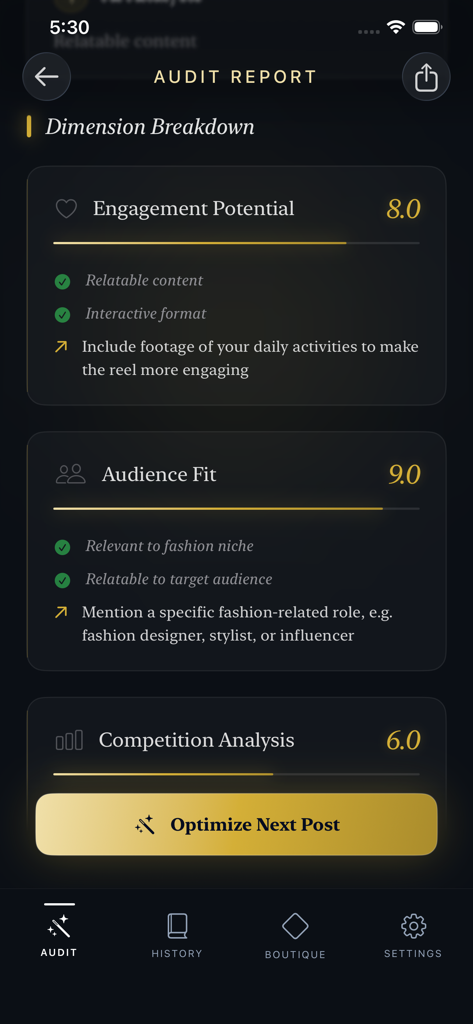 Tik Fast -Follower,Like,Fan,s - Audit report interface showing engagement potential and audience fit scores