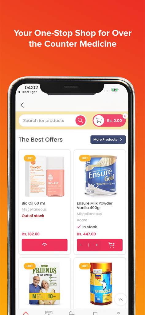 Doc990 mobile app interface showing over the counter health products in the Health Mart section