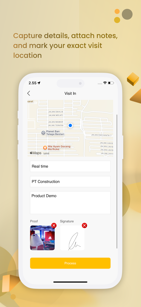 Hadirr mobile app screen for marking visit locations with GPS tracking, proof photos, and digital signatures.
