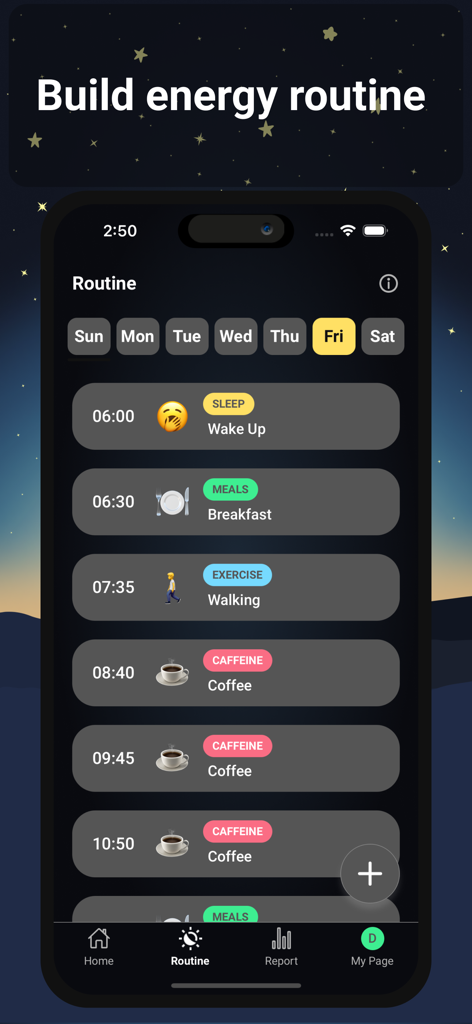 Energy Routine - Energy Routine app interface showing a personalized daily schedule with sleep, meal, and exercise tracking for optimal energy management