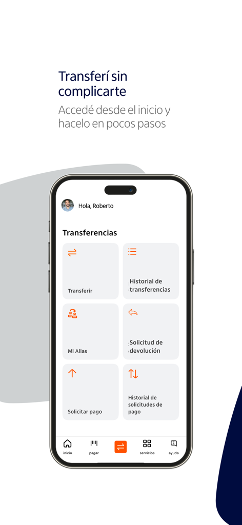 Itaú Personal Bank Paraguay - Captura de pantalla de la aplicación Itaú Personal Bank Paraguay que muestra el menú de transferencias con opciones para enviar dinero, ver historial y solicitar pagos.