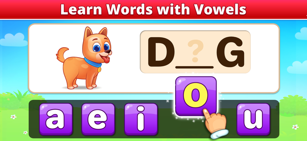ABC Spelling - Spell & Phonics - Educational game screen showing a child selecting the vowel O to complete the word dog