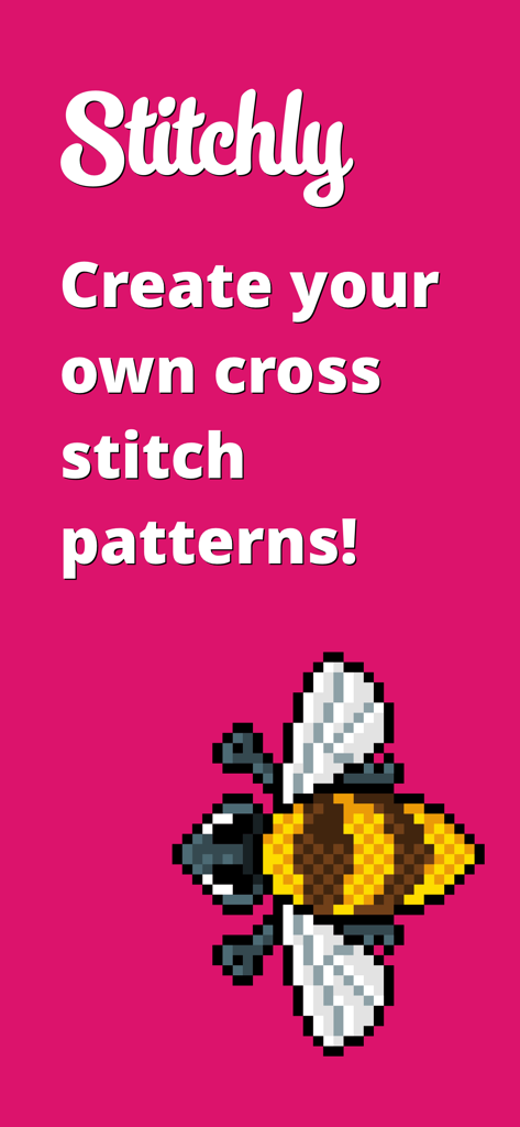 Stitchly: Cross stitch - Stitchly app banner with a pixel art bee and text saying Create your own cross stitch patterns