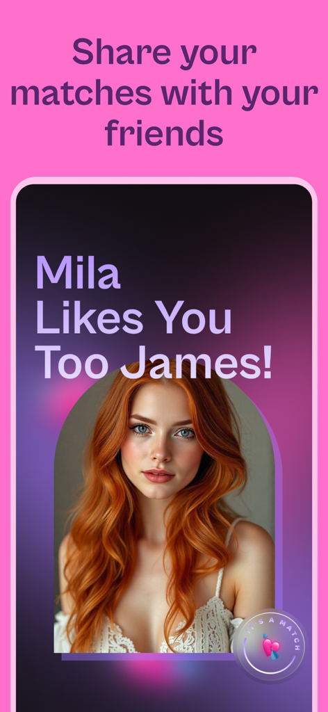AI Girlfriend - Spicy Chat - A match notification screen featuring an AI character named Mila with red hair
