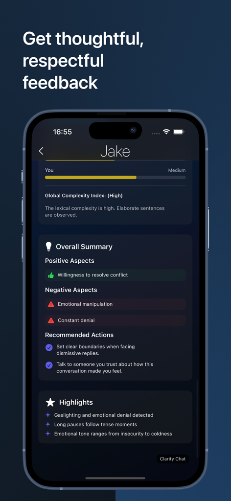 Deep Conversations: Clarity - Deep Conversations Clarity app interface displaying a detailed emotional analysis of a chat with highlights on red flags and recommended actions.