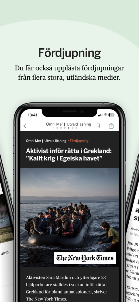 Smartphone showing the Omni news app displaying an in-depth international article from The New York Times.