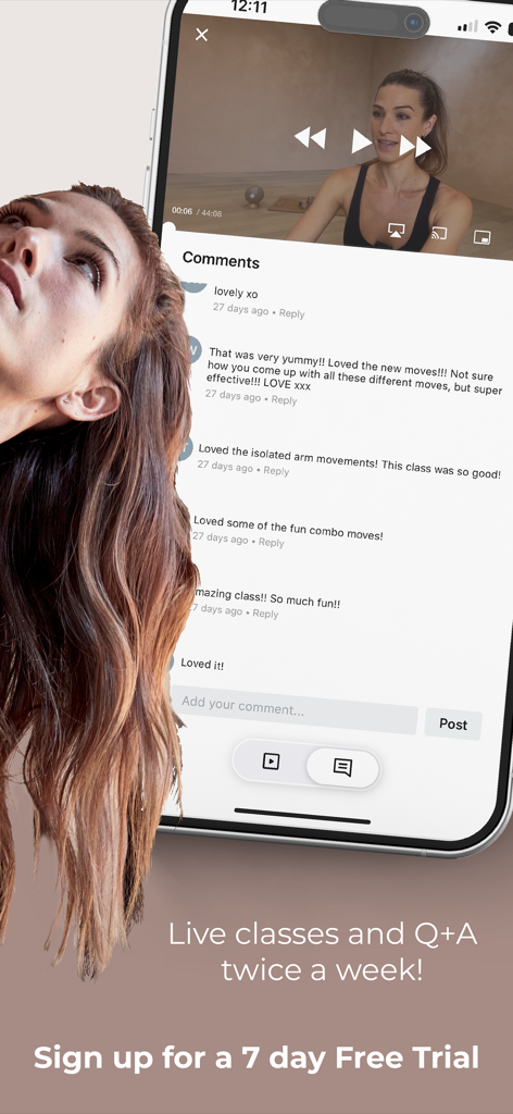 B The Method app interface showing a live Pilates class and user comments section