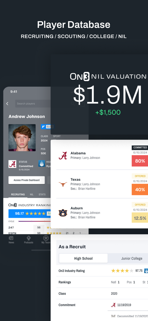 On3 App - On3 app player database screen displaying NIL valuation and recruiting status