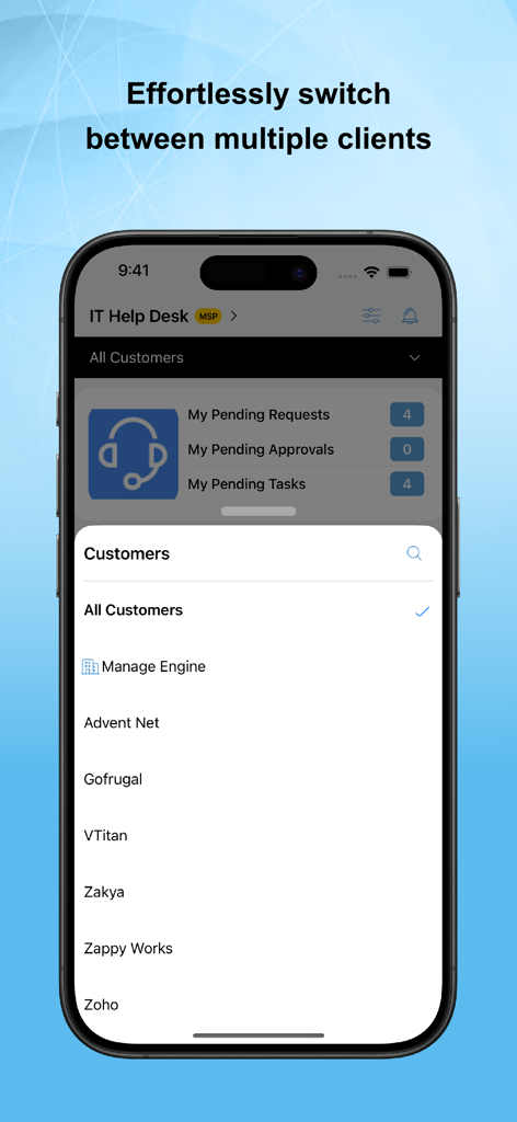 Une interface mobile pour ServiceDesk Plus MSP montrant une liste de clients pour basculer sans effort entre plusieurs clients