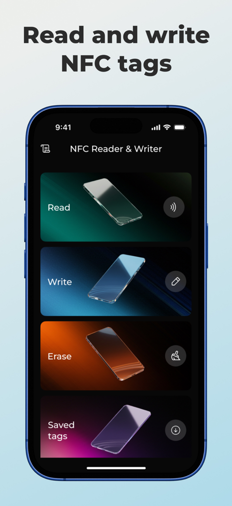 NFC Reader & Writer Tools - NFC Reader and Writer app interface on iPhone showing options to read write and erase tags