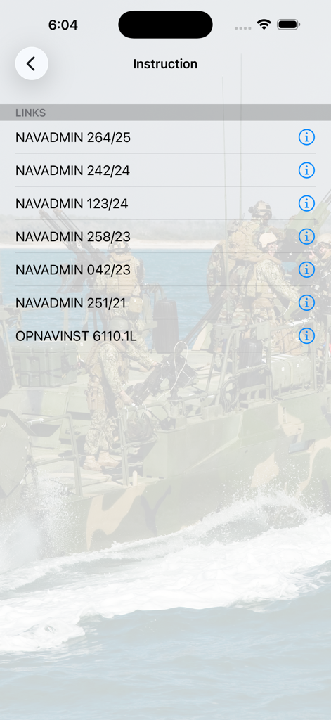 Navy PFA Calc app instruction screen displaying official NAVADMIN and OPNAVINST reference links