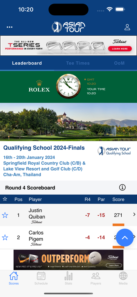 Asian Tour - 아시안 투어 앱 리더보드에 골프 토너먼트 스코어와 선수 순위 표시