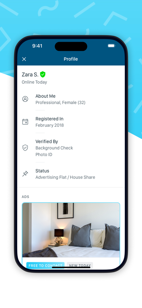SpareRoom - A verified user profile on the SpareRoom app showing background check details and a room advertisement.