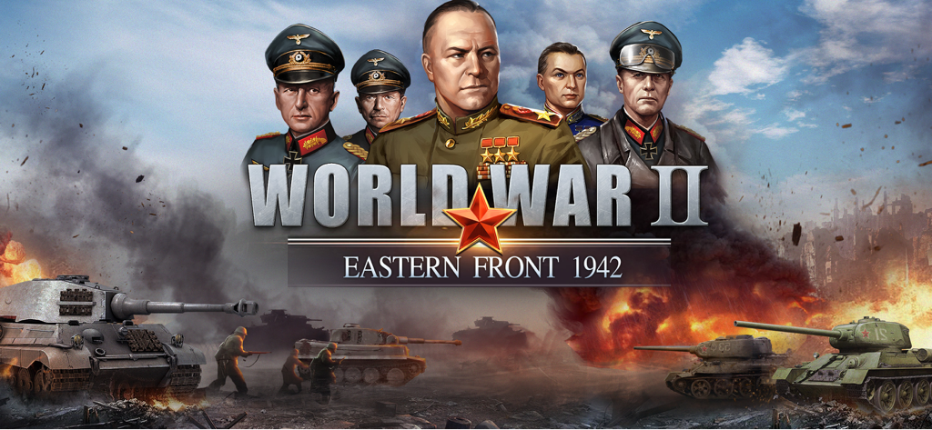 WW2: Strategy Games War Games - World War II strategy game art featuring historical generals and tanks on the Eastern Front battlefield