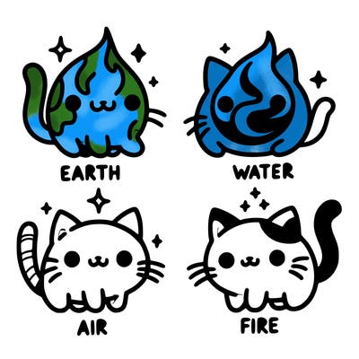4 cats that represent the different elements, earth, water, air, and fire