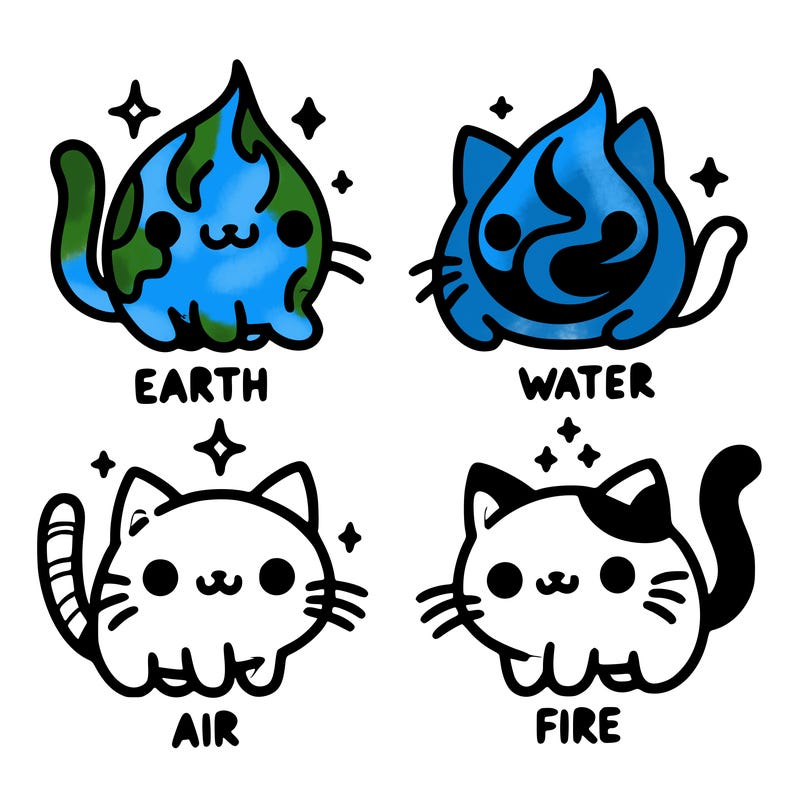 4 cats that represent the different elements, earth, water, air, and fire