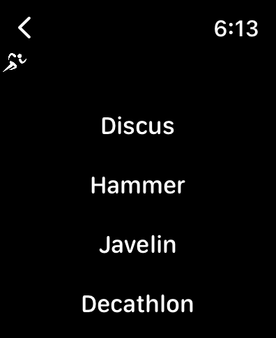 Liste von Leichtathletikveranstaltungen auf dem Apple Watch-Display, einschließlich Diskus, Hammer und Speer.