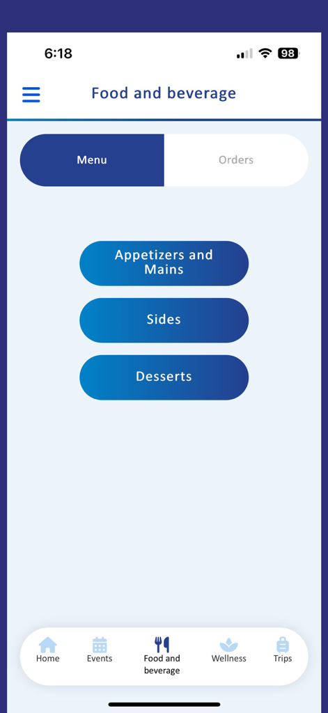 Toraricaアプリのモバイル画面。前菜、メイン、サイド、デザートのオプションが表示された飲食メニューです。