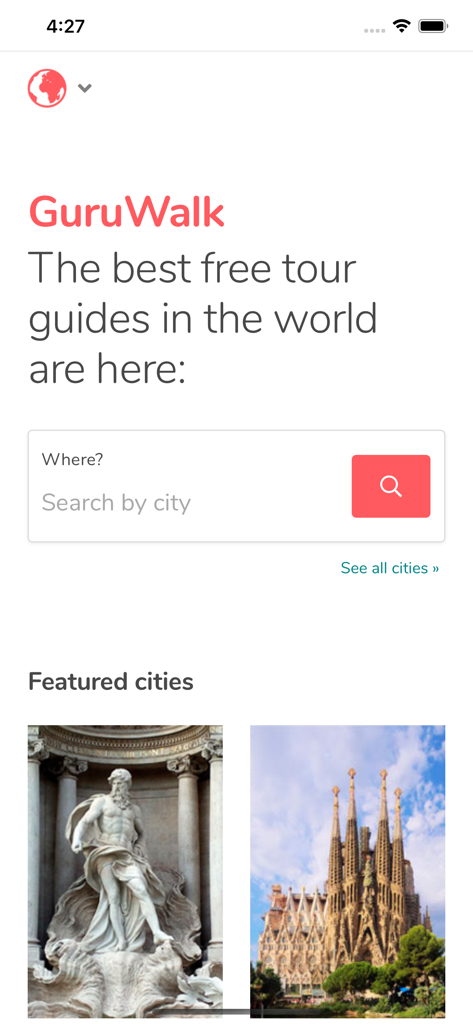 Schermata principale dell'app GuruWalk che mostra una barra di ricerca per città e destinazioni di viaggio in evidenza