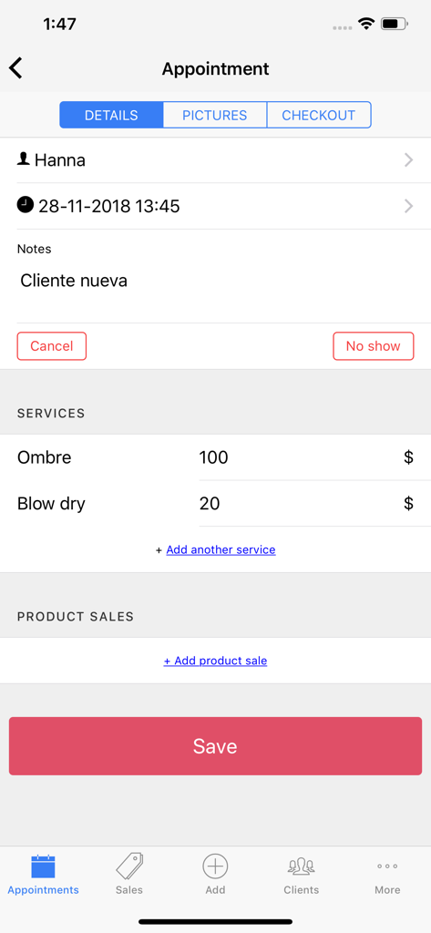 Screenshot der SalonAppy-App mit Termindetails für einen Kunden, einschließlich Dienstleistungen wie Haarfärben und Styling mit Preisen