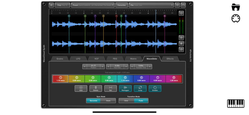 WaveCloud Granular-Synthesizer App mit WaveGlide-Sequenzer und Audio-Wellenform