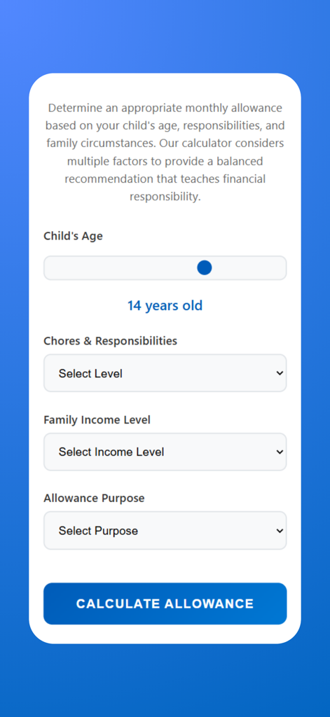 ParentPay AI Tools - 연령 슬라이더 및 작업 선택 기능이 있는 스마트 용돈 계산기를 보여주는 ParentPay AI 도구 앱 인터페이스