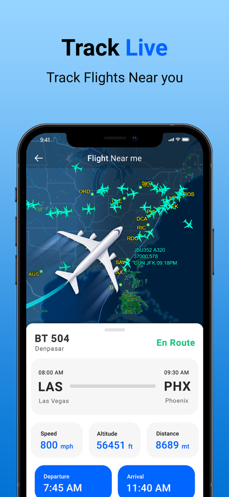 Air Traffic - flight tracker - Interfaz de la aplicación móvil de Air Traffic que muestra un mapa de vuelo en vivo con iconos de aeronaves y estado detallado de un vuelo de Las Vegas a Phoenix.