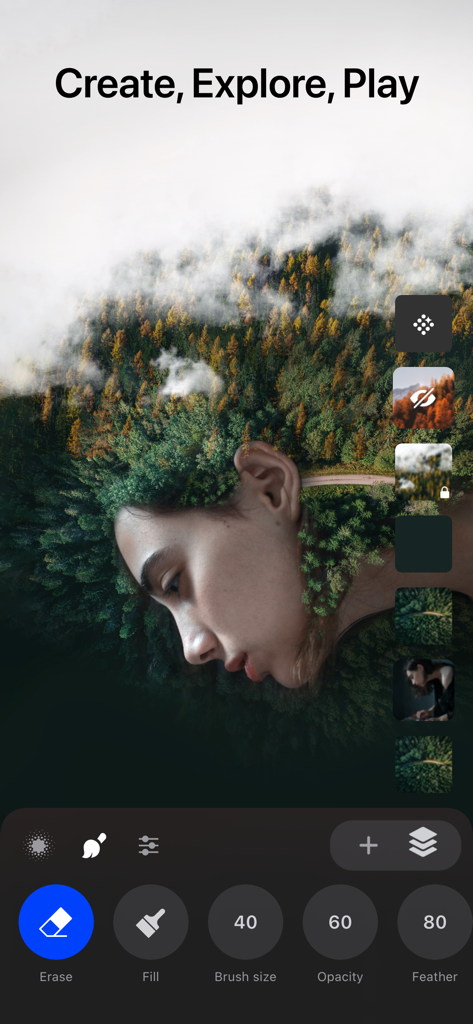 Trigraphy Photo Art Editor - Trigraphy app interface showing a double exposure edit blending a woman's profile with a forest and a toolbar for erasing and filling