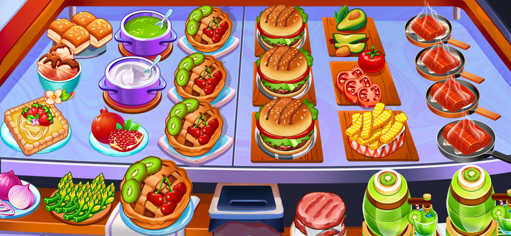 Variedad colorida de platos en un juego de cocina con hamburguesas, tartaletas de frutas y salmón a la parrilla