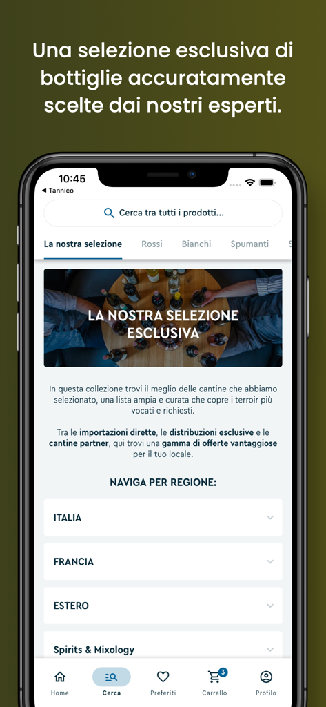 Tannico – Attività Commerciali - Interfaccia dell'app Tannico B2B che mostra selezioni di vini esclusive e filtri regionali per professionisti dell'ospitalità