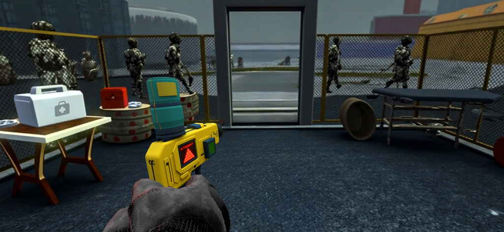 Zombie Virus Scan Zone Game - First person perspective of a player holding a yellow scanner at a safety checkpoint.
