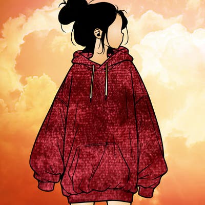 realistic girl with a oversized sweatshirt on and a bun