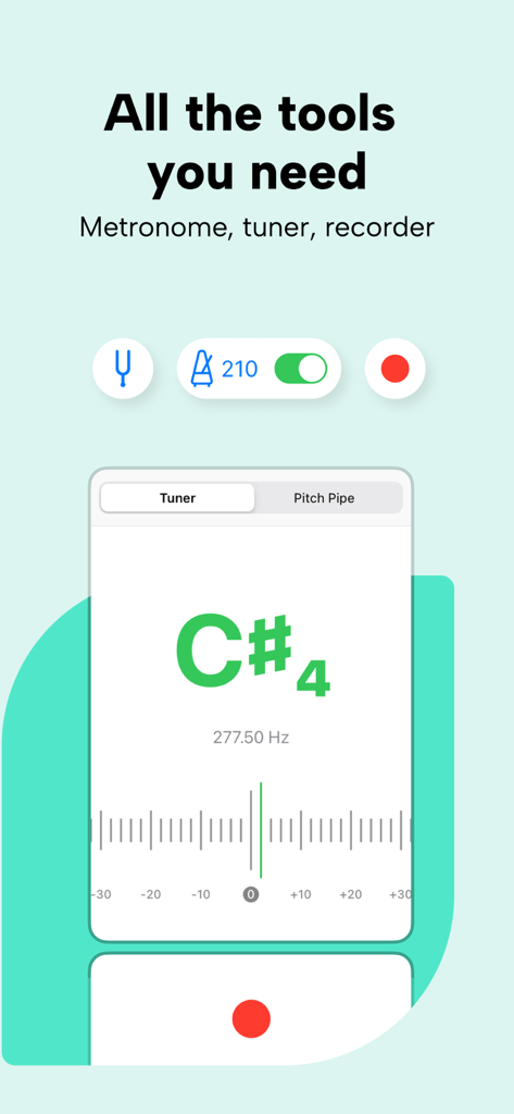 Newzik App-Oberfläche mit integrierten musikalischen Werkzeugen, einschließlich einem chromatischen Stimmgerät und Metronom