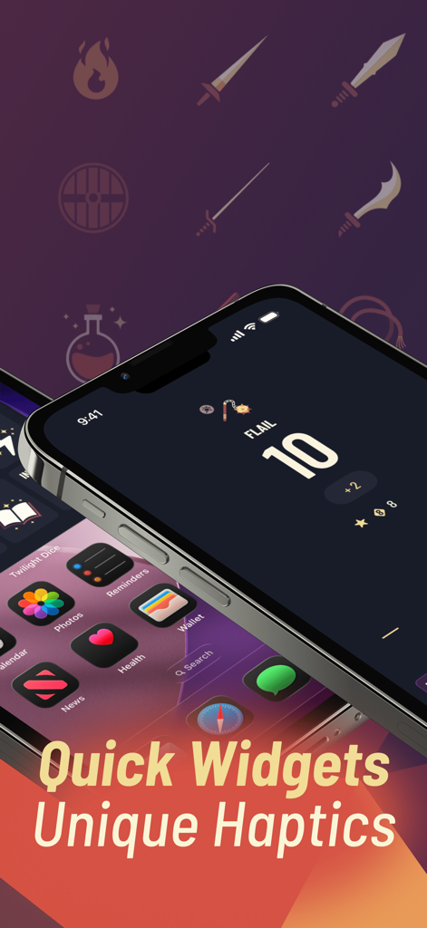 Twilight Dice RPG App-Oberfläche auf dem iPhone mit Home-Bildschirm-Widgets und Würfelergebnissen für einen Streitangriff