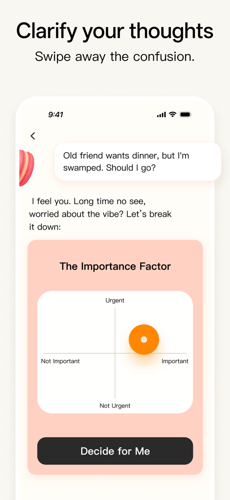 Macaron AI - life tool maker - Interface de l'application Macaron AI montrant une matrice de quadrants de facteurs d'importance pour aider un utilisateur à prendre une décision de vie.