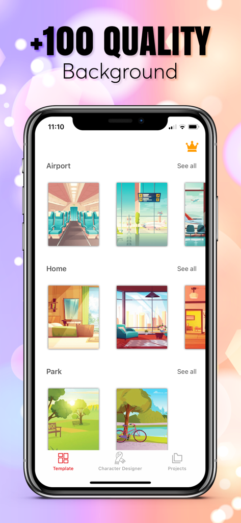 Gacha Animator - Gacha Animator app interface showing a gallery of background scenes like airport home and park for character animations