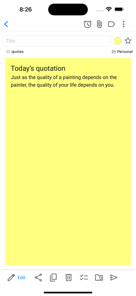 Notezilla - Notes & Reminders - Una nota adhesiva digital amarilla que contiene una cita en la interfaz de la aplicación Notezilla