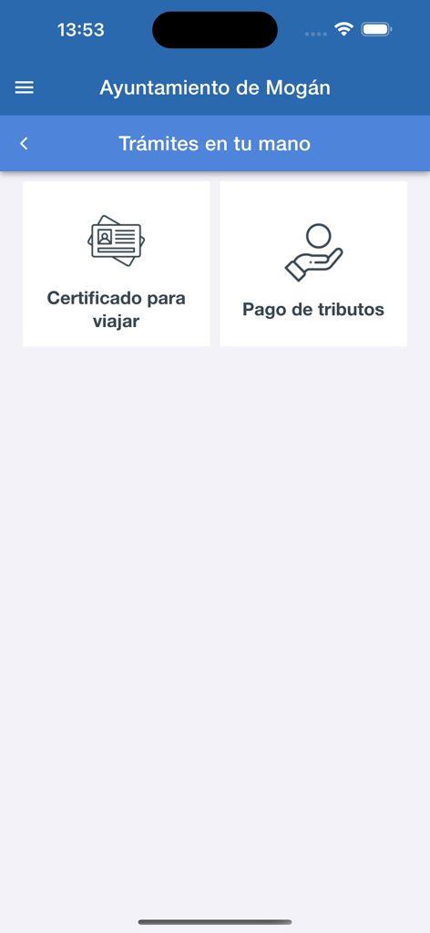 Mogán - Interface de l'application Mogán montrant les options pour les certificats de voyage et les paiements d'impôts