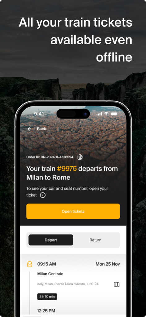 Rail Ninja: Train Tickets - Rail Ninja app interface displaying an offline train ticket itinerary for a trip from Milan to Rome.