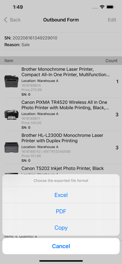 Softzoo Inventory Tracker - Eine mobile Benutzeroberfläche einer Inventar-Tracking-App, die ein ausgehendes Formular mit einem Popup-Menü zum Exportieren von Daten nach Excel oder PDF anzeigt