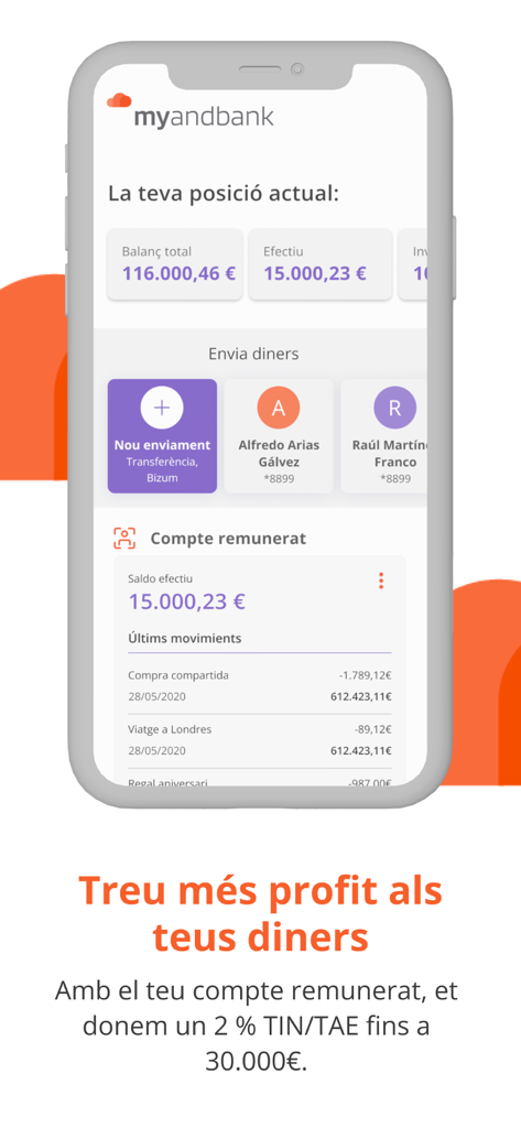 Myandbank - Panel de control de la app móvil de Myandbank mostrando el saldo de la cuenta y los detalles de la cuenta de ahorros remunerada