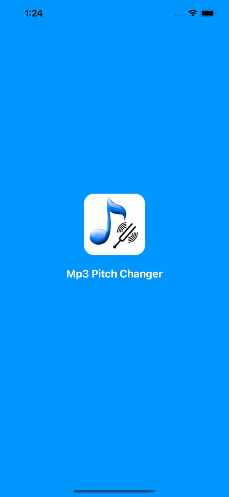 MP3 Pitch Changer - MP3 Pitch Changer app splash screen with a music note icon and app name on a blue background