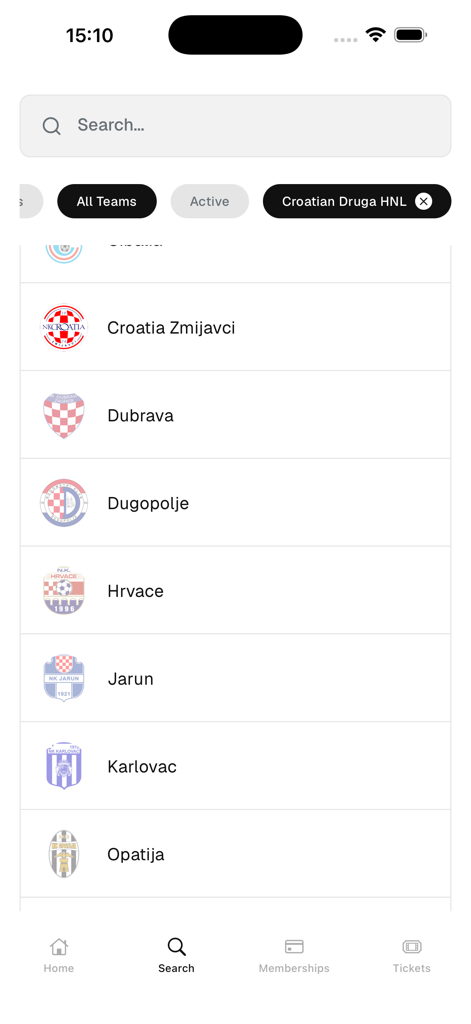 Sportify - Search interface in the Sportify app showing a list of football teams and sports clubs.