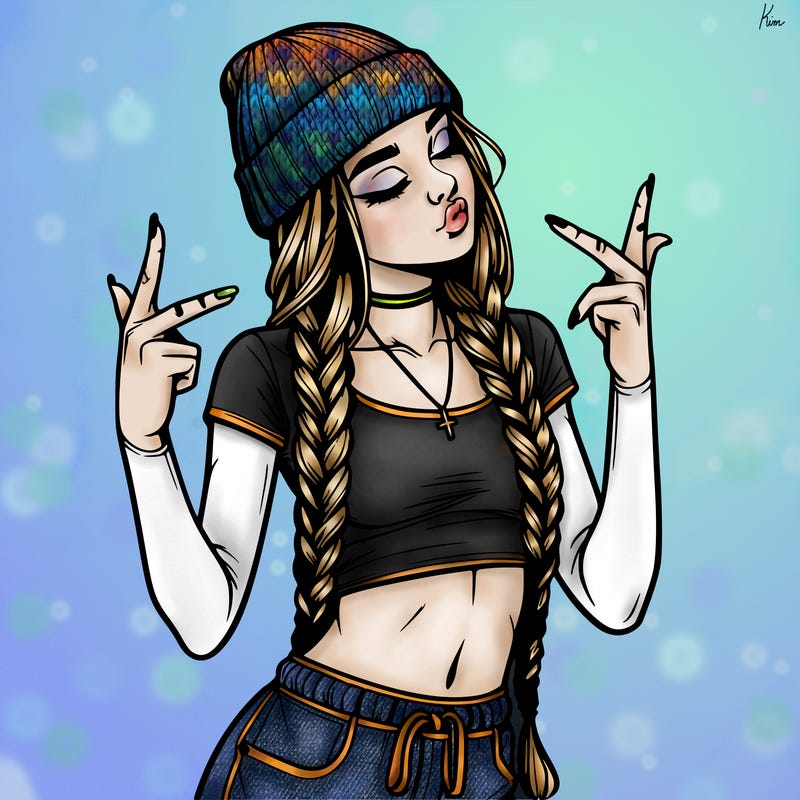 realistic teenage girl with braids and a beanie and crop top doing 🫶🏼