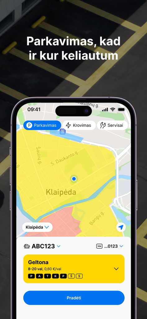 carOne mobile app interface showing a city map with parking zones and a start payment button