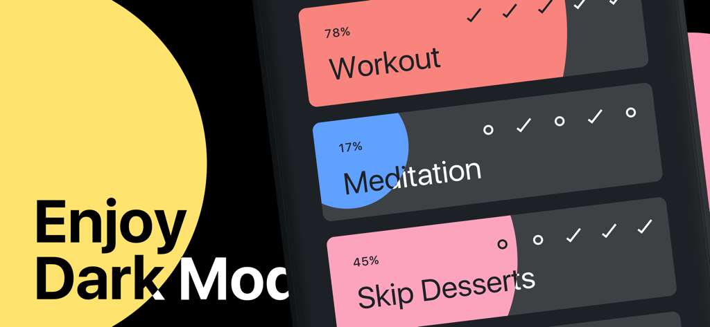 Habit — Daily Tracker - Oberfläche der Habit Daily Tracker App im Dunkelmodus, die Prozentwerte für Gewohnheiten wie Training und Meditation zeigt