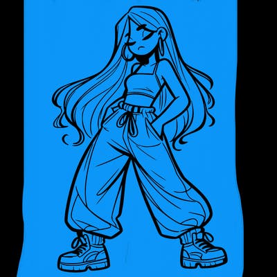girl in baggy pants crop top and long hair