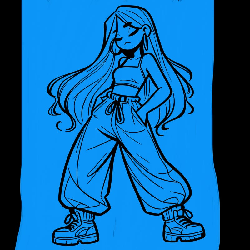 girl in baggy pants crop top and long hair