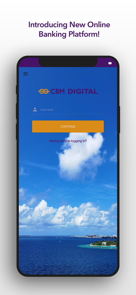 Login screen of the CBM Digital mobile banking app with a scenic Maldives island background.
